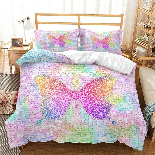 Binchi Fitness Schmetterling Bettwäsche Set mit Regenbogen-Motiv für Kinder, Doppelbettgröße, Rosa Lila Multicolour, B/H: 200 x 200 cm - Bild 1