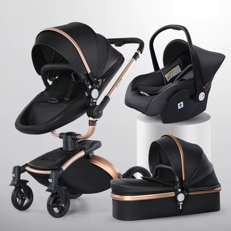 3-in-1 Kinderwagen von Warm House in Braun mit PU-Leder und Babywanne für Neugeborene - Bild 1