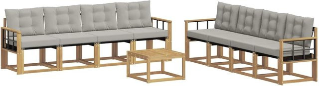 vidaXL Outdoor-Sofagarnitur 9-teilig aus Akazienholz und Textilene in Weiß-Hellgrau mit Kissen und Tisch - Bild 1