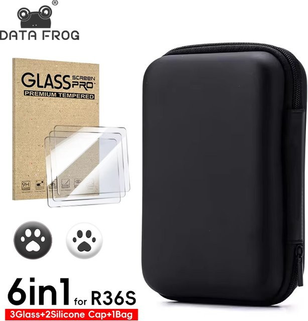 DATA FROG 6-in-1 Aufbewahrungstasche und Displayschutzfolien Set für die R36S Retro-Spielekonsole in Schwarz und Transparent - Bild 1