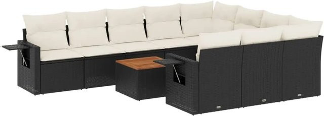 vidaXL 11-teilige Garten-Sofagarnitur aus Poly-Rattan und Akazienholz in Schwarz-Creme mit Kissen - Bild 1