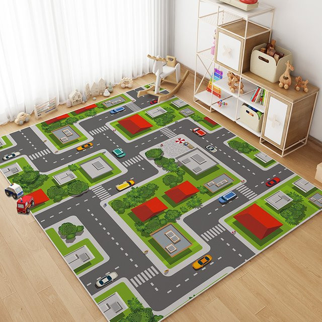 VIKAMA Kinder Teppich mit Cartoon Auto Motiv, Krabbelmatte für Spielzimmer, Wohnzimmer oder Schlafzimmer, Mehrfarbig, B/T: 120 x 80 cm - Bild 1