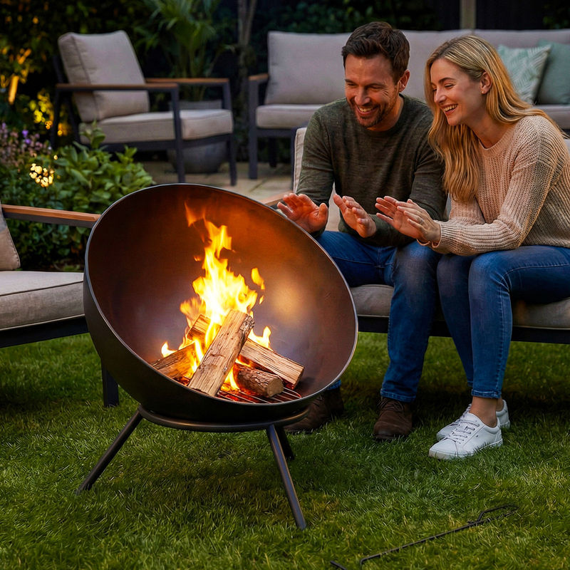 Outsunny Feuerschale Schwarz mit verstellbarem Feuerkorb, Kohlegitter und Schürhaken für Garten, Balkon und Camping, H x B x T: 66 x 60 x 53 cm - Bild 2