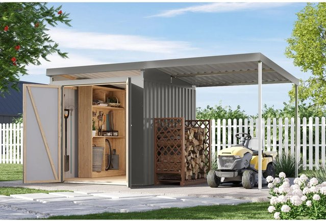 Karibu Metallgerätehaus Neos 2 mit Anbaudach in Graualuminium - Bild 1