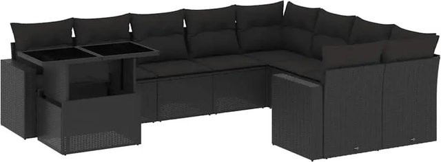 vidaXL 10-tlg. Garten-Sofagarnitur in L-Form aus schwarzem Poly-Rattan mit Kissen und Armlehnen - Bild 1