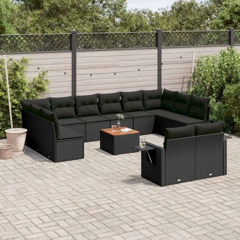 Vidaxl 13-tlg. Garten-Sofagarnitur aus Polyrattan und Akazie mit Kissen in Schwarz - Bild 1