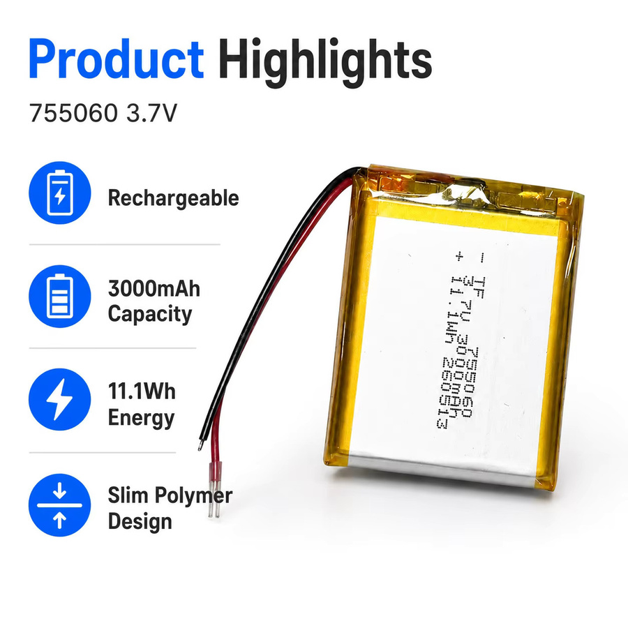 Koonenda Hochleistungs-Lithium-Polymer-Akkuzellen 755060, 3,7V, 3000mAh, Silber - Bild 2