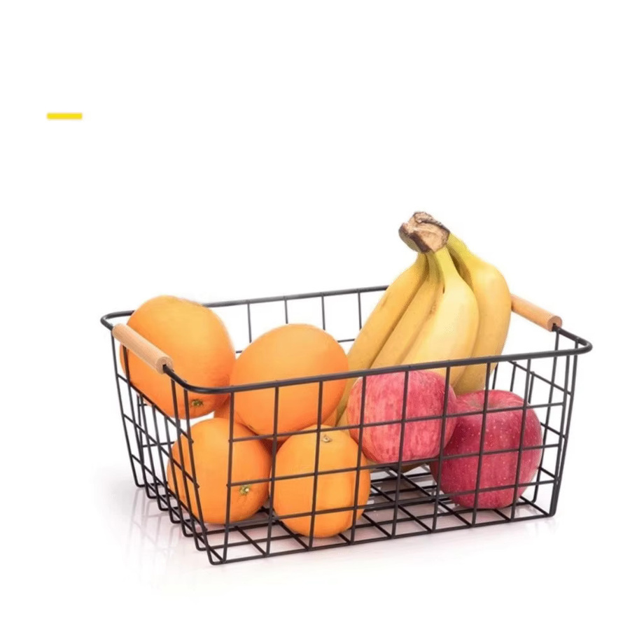 Rechteckiger Metall-Aufbewahrungskorb mit Holzgriff in Weiß-Schwarz für Schreibtisch, Obst oder Snacks - Bild 4