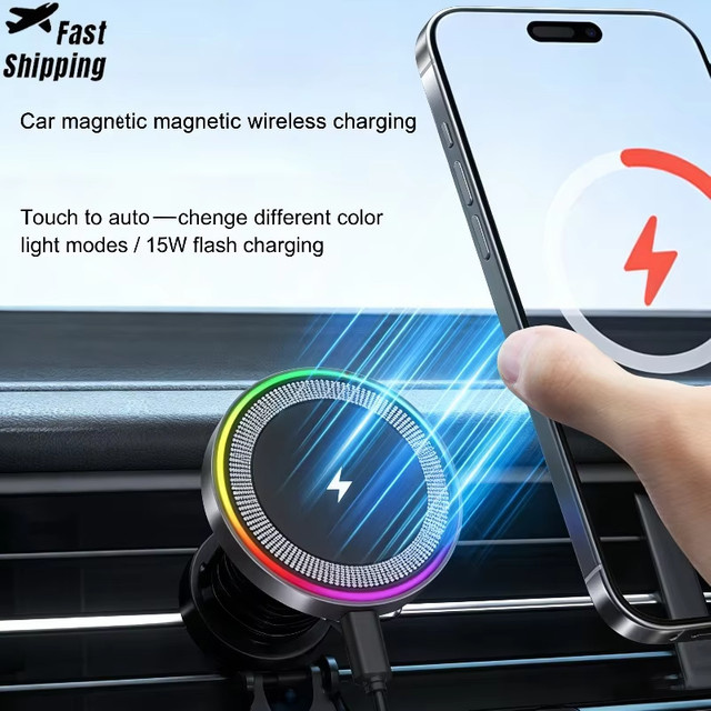 Opansten Magnetische Auto-Handyhalterung mit kabellosem Ladegerät und RGB-Licht in Weiß für iPhone 17 16 15 14 13 12 Pro Max mit Lüftungsschlitz-Klemmhalterung - Bild 1