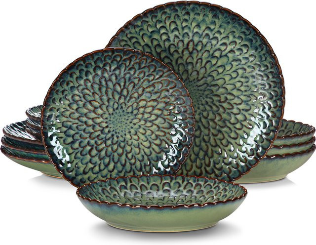 vancasso Chrys Geschirrset aus Keramik und Steinzeug in Grün, 24-teiliges Dinner-Service mit floralem Design für 6 Personen - Bild 1