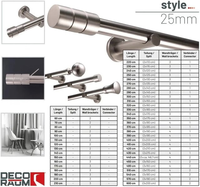 Deco-Raum Gardinenstange nach Maß, 1-Lauf Zylinder, Durchmesser: 25 mm, Farbe: Silber, Edelstahl-Optik, Länge: 120 cm - Bild 1