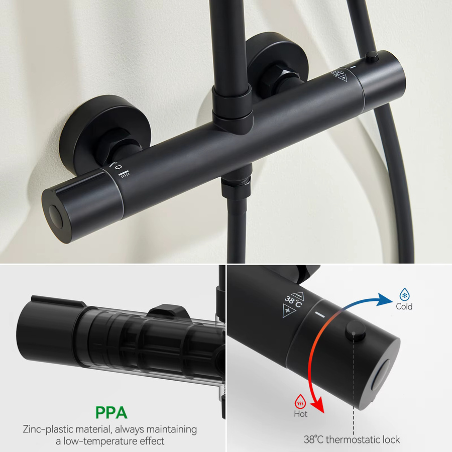 CECIPA max Duschsäule mit Thermostatmischer und Verbrühungsschutz in Schwarz Matt mit 25 x 25 cm Duschkopf und verstellbarer Duschstange ohne Bohren - Bild 2