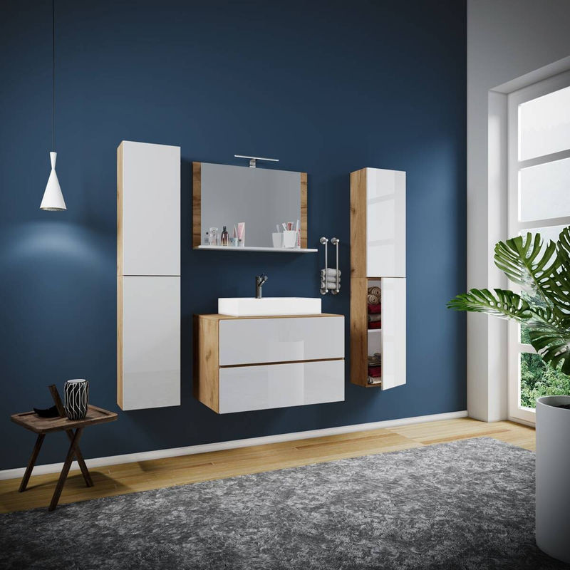 VCM Badmöbel Set Lendas 5-teilig in Beige und Weiß mit Keramik-Waschbecken, Unterschrank, Spiegel und Schubladen, B/T/H: 80 x 52 x 52 cm - Bild 3