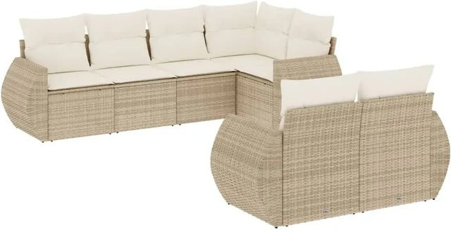 vidaXL 7-teilige Garten-Sofagarnitur in L-Form aus Polyrattan mit Kissen in Beige und Weiß - Bild 1
