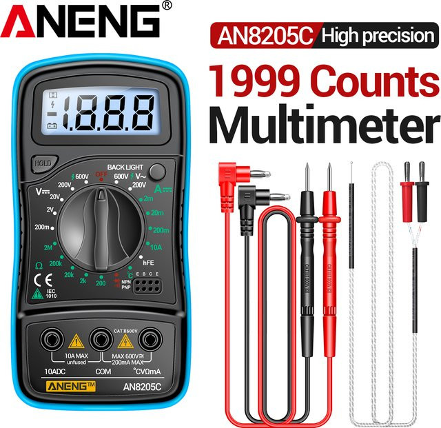 ANENG AN8205C Digitales Multimeter 600V AC DC 10A mit Hintergrundbeleuchtung in Blau für Heimwerkstatt und Autoelektrik - Bild 1