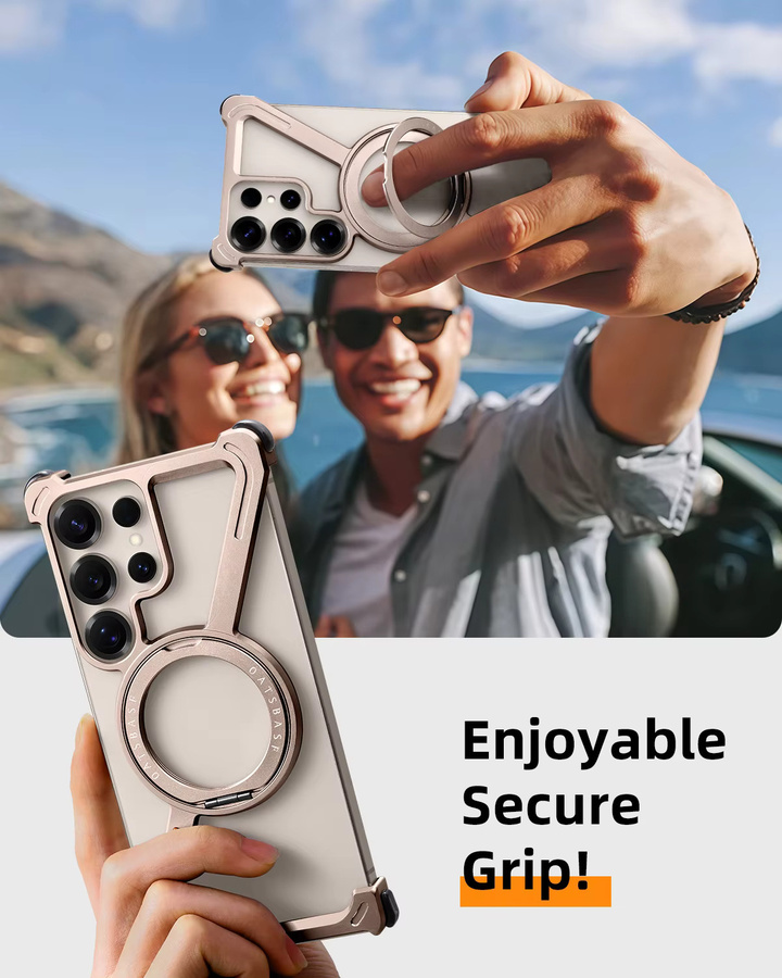 Oatsbasf Rahmenlose Metall Handyhülle mit 360 Grad rotierbarem Ständer und MagSafe für Samsung Galaxy S25 und S24 Ultra, Schwarz - Bild 5