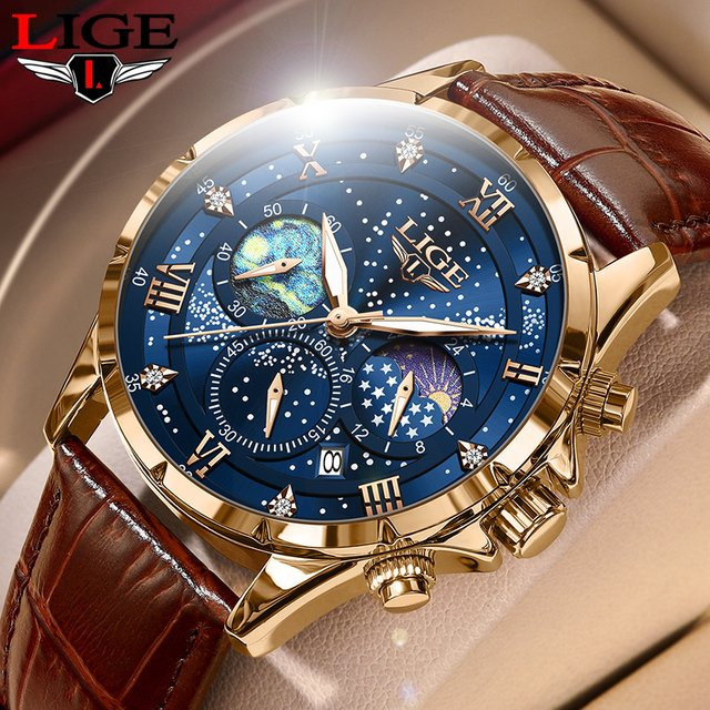 Lige Armbanduhr, Chronograph, Quarz, Leder, Herren, Blau, Gold, Silber - Bild 1