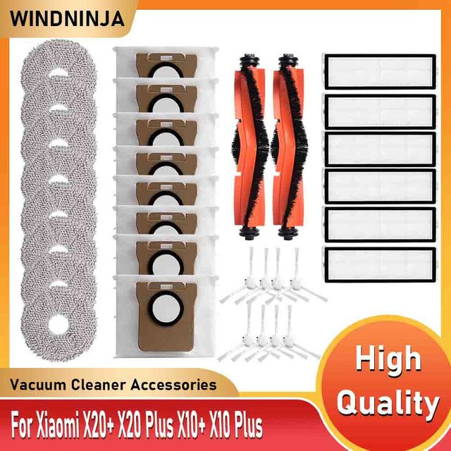 WINDNINJA Ersatzteil-Set für Xiaomi X10, X10 Plus, X20 und X20 Plus Saugroboter mit Mopptüchern, Filtern, Seitenbürsten und Staubbeuteln in Weiß - Bild 1