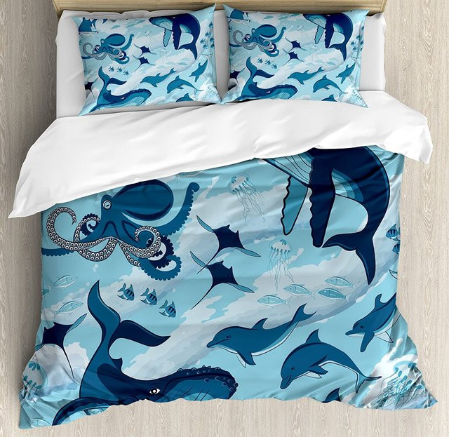 Bettwäsche Set Lodestar mit Hai- und Meeresmotiven in Blau, B/B/H: 135 x 200 cm - Bild 1