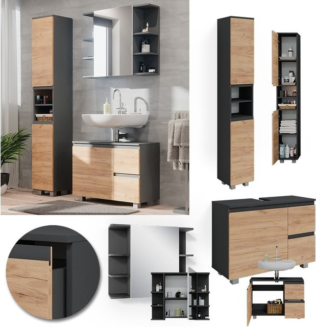 Vicco Badmöbelset J-Shape in Anthrazit und Eiche, modernes 3-teiliges Badezimmer-Set mit Hochschrank, Spiegelschrank und Waschtischunterschrank - Bild 1