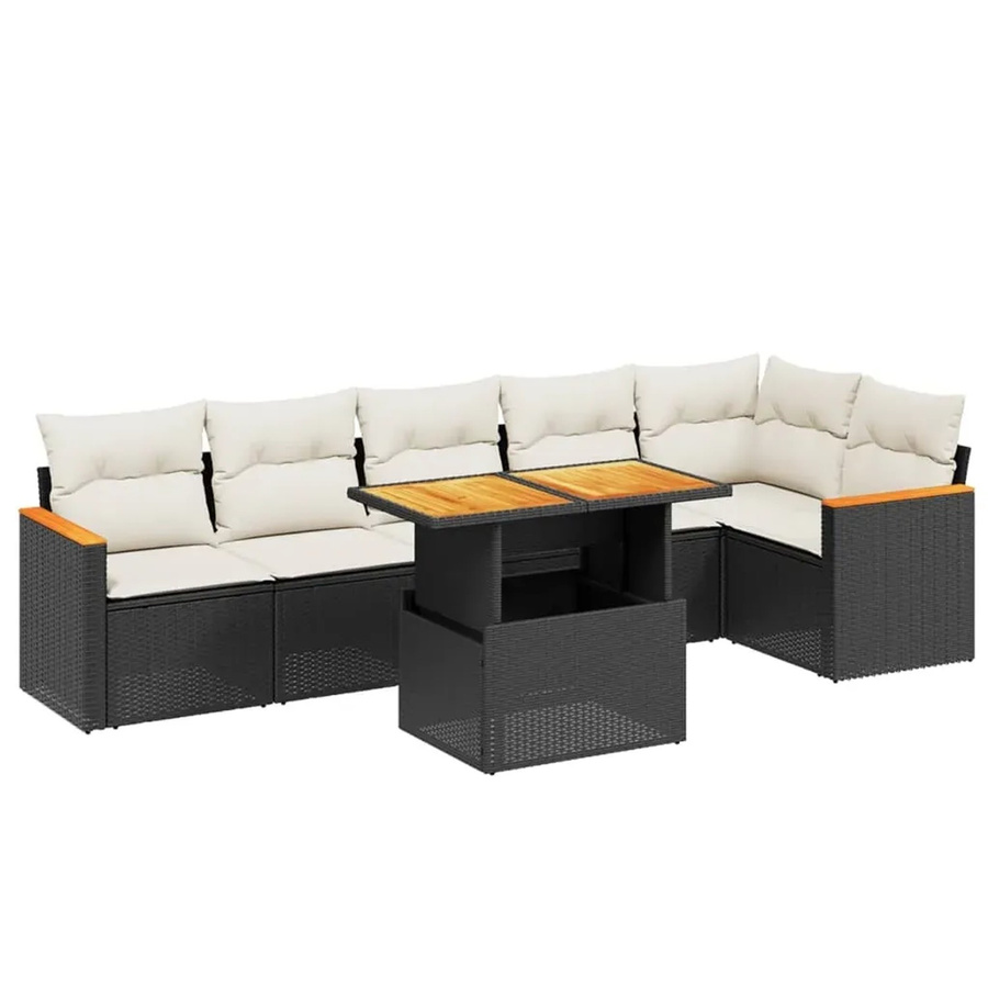 vidaXL 7-teilige Garten-Sofagarnitur in L-Form aus schwarzem Poly-Rattan mit wetterfesten Kissen und pulverbeschichtetem Stahlrahmen - Bild 2