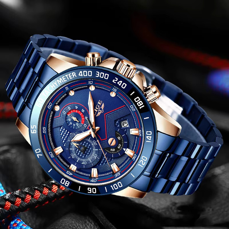 Lige Armbanduhr Chronograph, Quarz, Edelstahl, Blau, Herren - Bild 2