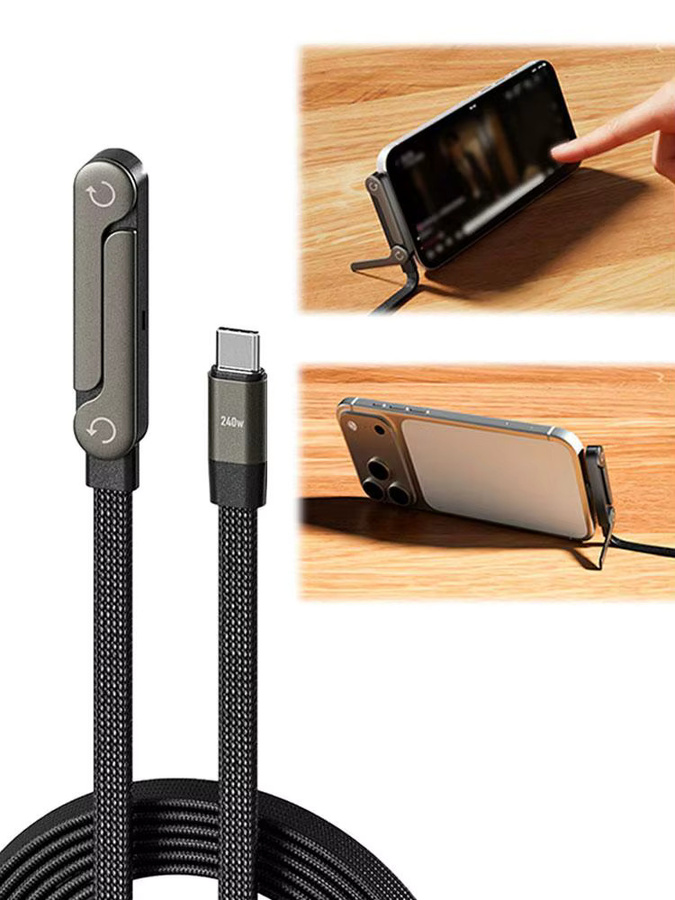 2-in-1 Schnellladekabel mit faltbarem Telefon- und Tablet-Ständer, 240W, Schwarz, USB-C auf USB-C und USB-A auf USB-C - Bild 6