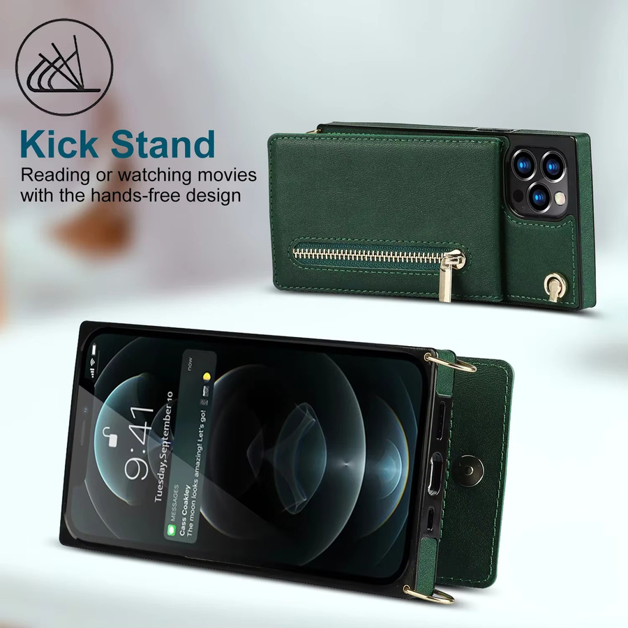 szHAIyu Umhängetasche aus Leder mit Kartenhalter und Lanyard für iPhone 11 bis iPhone 16 Plus in Schwarz und Grün - Bild 5