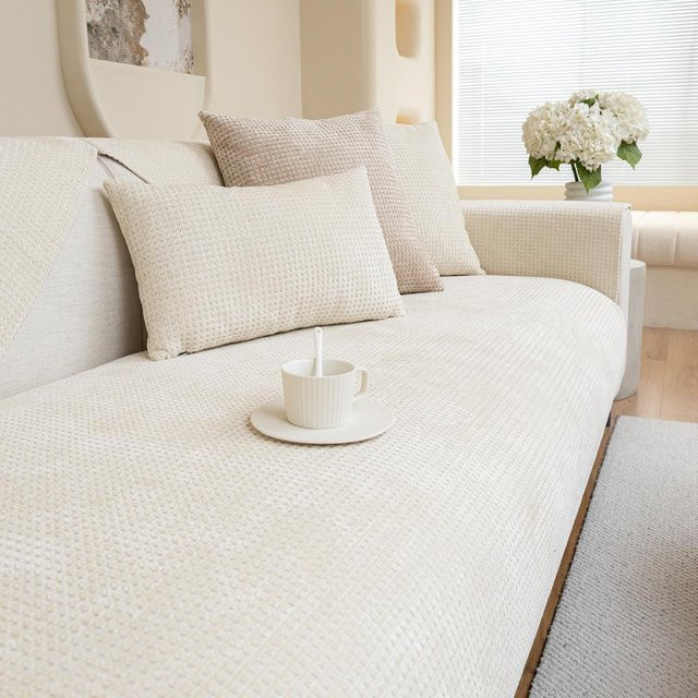 Chenille Sofakissen Waffel-Optik in Beige, rutschfester Universalbezug für Rückenlehnen, B/B: 70 x 70 cm - Bild 1