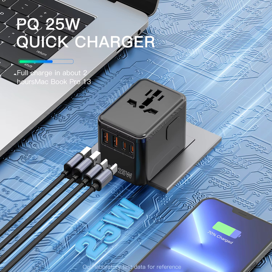 HKLAMIN 25W GaN 4-Port Schnellladegerät All-in-One Internationaler Reiseadapter mit 2 USB-C und 2 USB-A Anschlüssen in Schwarz - Bild 2