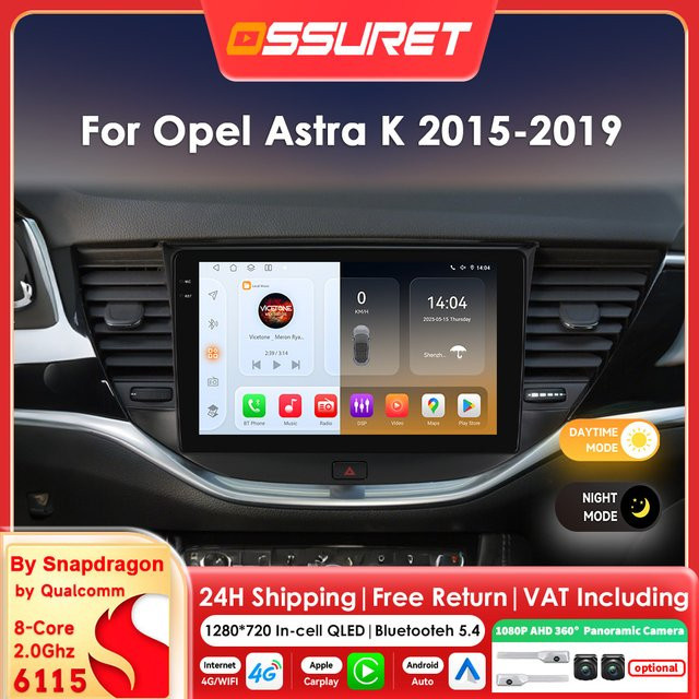 OSSURET Android Autoradio mit Octa Core, Carplay und Android Auto für Opel Astra K 2015 - 2019, 2DIN Multimedia-Videoplayer mit GPS, 4G, Wifi und 360 Kamera, Schwarz - Bild 1
