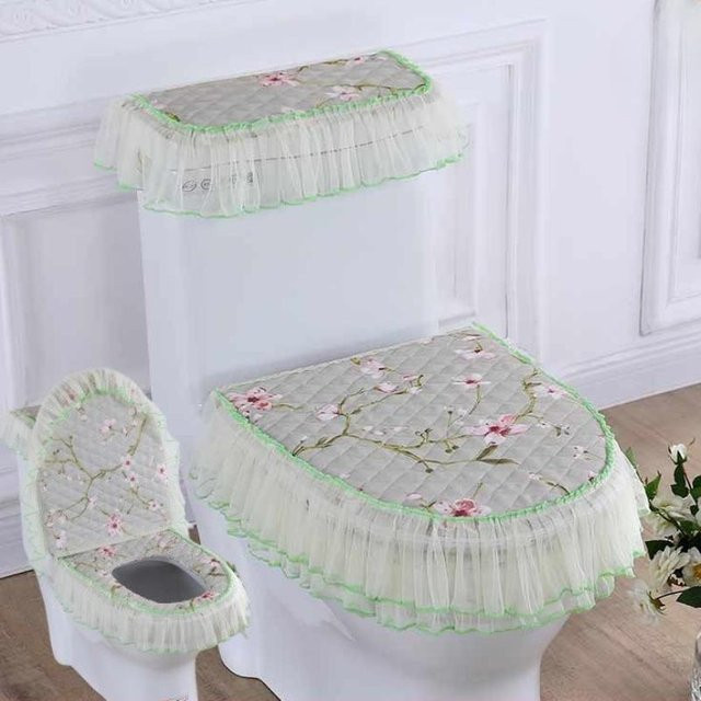 3-teiliges Set BC-Warm Home Toilettendeckel-Bezug mit Spitze in floralem Shabby Chic Design, abnehmbarer Staubschutz aus Polyacryl für ovale Toilettensitze, Farben: Lila, Rosa, Blau, Grün - Bild 1