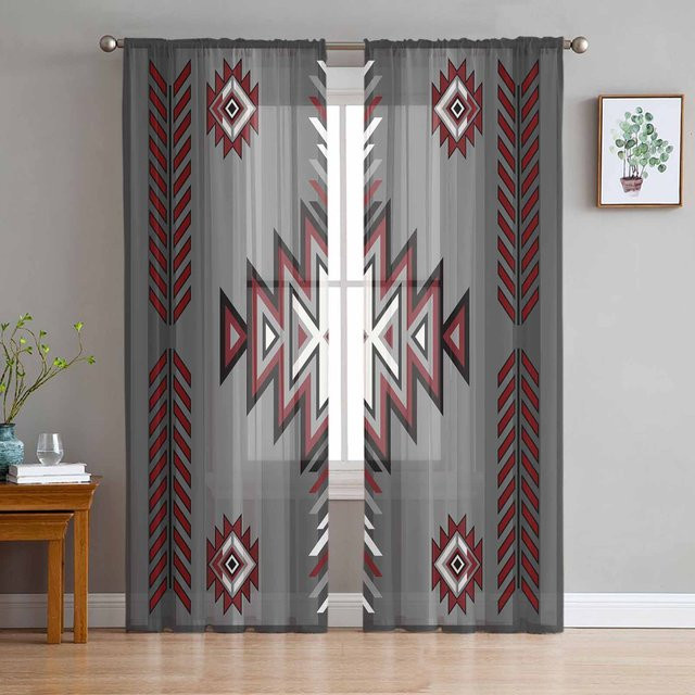 Transparente Tüll Voile Vorhänge im böhmisch-aztekischen Bauernhaus-Stil, Schwarz Rot Grau, Breite: 135 cm, Höhe: 115 cm - Bild 1