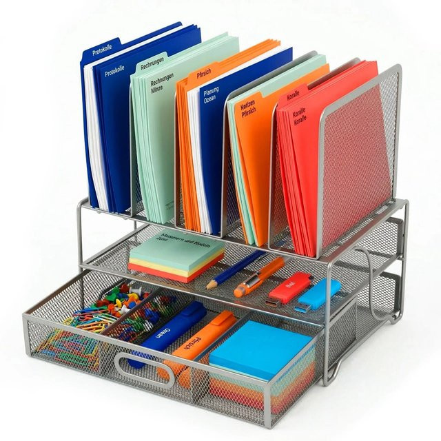 Relaxdays Schreibtisch Organizer aus Stahl in Silber mit Schublade und Mesh-Design, B/T/H: 36 x 35 x 24,5 cm - Bild 1
