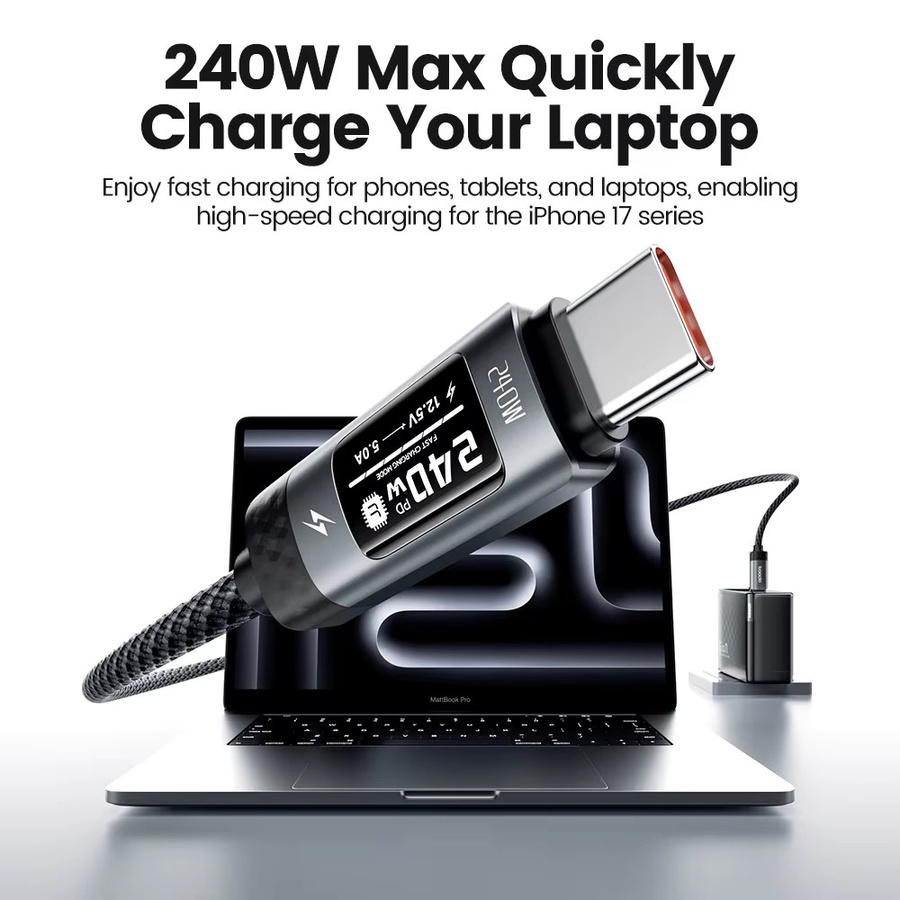 Toocki TX111C4 USB-C auf USB-C Schnellladekabel mit 240 W, PD3.1 SFC2.0 und OLED-Digitalanzeige, Schwarz - Bild 2