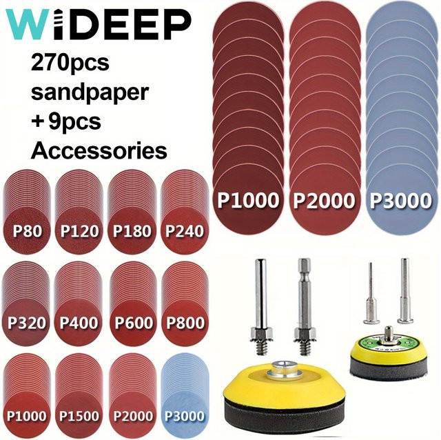 WIDEEP 270-teiliges Schleifpapierset mit Schleifscheiben und Schleifpolierpads in Multicolor für Dremel-Werkzeuge, Körnung 80-3000, 2-3 Zoll, inklusive 1/8 und 1/4 Anschlüsse - Bild 1
