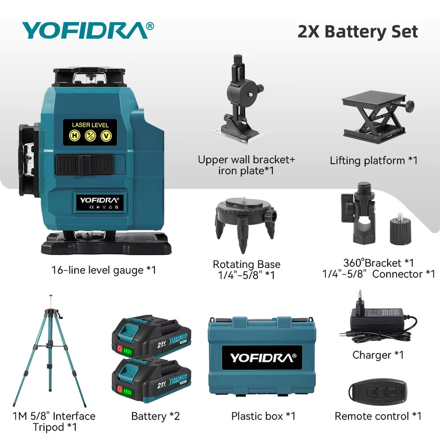 YOFIDRA 4D 16-Linien-Laser-Nivelliergerät mit 360 Grad horizontaler und vertikaler Nivellierung in Blau inklusive 1 m Stativ und Kompatibilität für Makita 21 V Akku-Pins - Bild 7