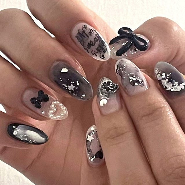 YADORNOS Press On Nails, Black, 24 Stück, Glänzend, Unisex - Bild 1