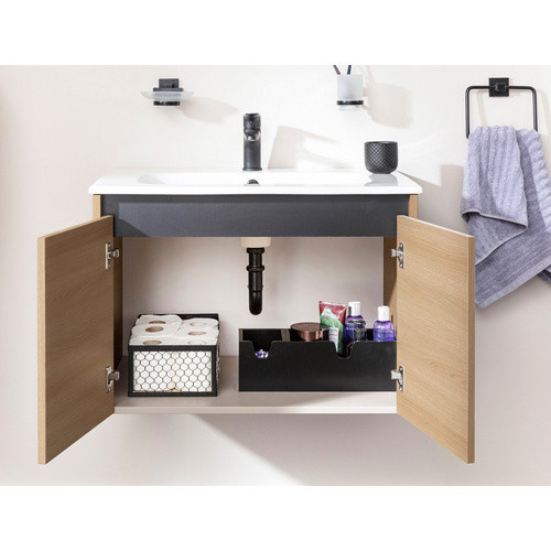 Fackelmann Badmöbel-Set Compact Line in Lindberg Eiche, Braun, mit Spiegelschrank und LED-Beleuchtung, B/H/T: 71,0 x 51,5 x 46,5 cm - Bild 2