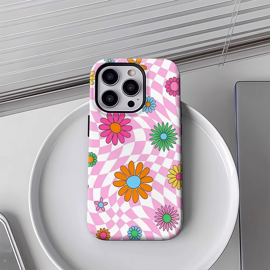 Handyhülle mit rosa Blumen und Schachbrettmuster für Apple iPhone 17 16 15 14 13 Pro Max Plus mit doppelschichtiger Rückseite - Bild 3