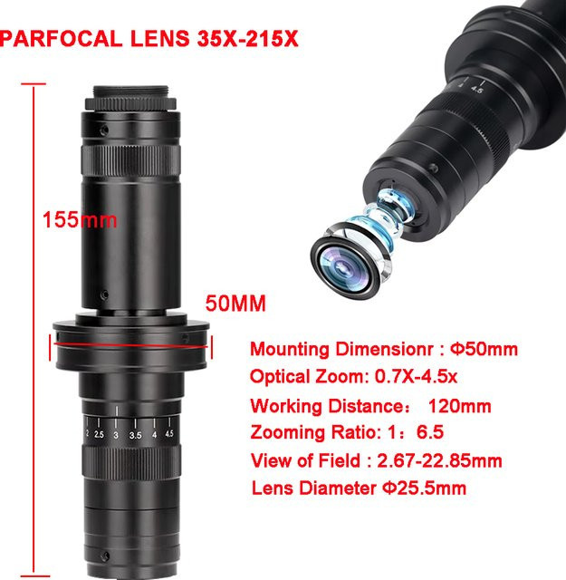 YIZHAN Verstellbares Mikroskop-Objektiv mit optischem Zoom 35X-215X, 50mm Durchmesser und C-Mount-Schnittstelle für Kameras - Bild 1