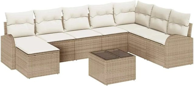 vidaXL Garten-Sofa-Set aus Poly Rattan in Beige, 9-teiliges L-Shape Lounge-Set mit UV-beständigen und wetterfesten Polsterkissen - Bild 1