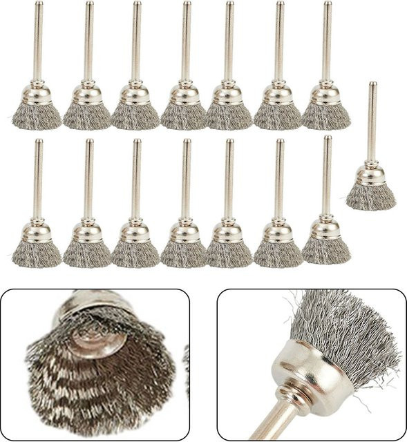 VIBRATITE 15er Set Edelstahl Drahtbürsten Tassenrad für Bohrmaschinen und Drehwerkzeuge zur Metallpolitur und Rostentfernung, Durchmesser: 15 mm - Bild 1