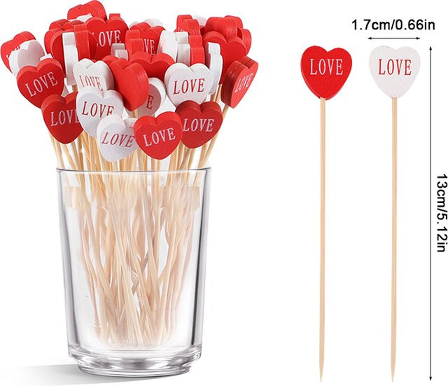 100 Stück ZQNYCY Herz Cupcake Topper aus Bambus in Rot für Hochzeit, Valentinstag und Party Dekoration - Bild 1