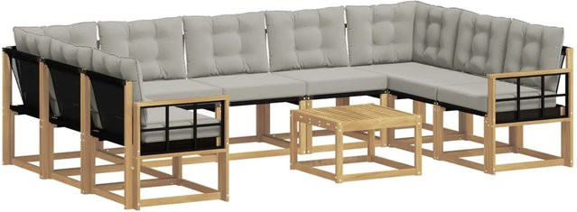 vidaXL Outdoor-Sofagarnitur in U-Form aus massivem Akazienholz mit 10 Kissen in Weiß und Hellgrau - Bild 1
