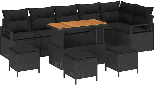 vidaXL Garten-Sofa-Set aus Poly-Rattan und Akazienholz in Schwarz mit 10 Teilen und Kissen - Bild 1