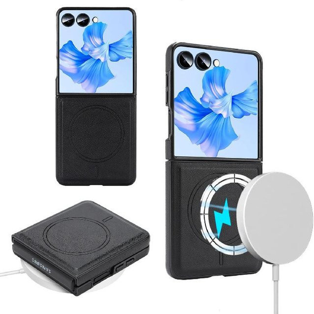 Samsung Z Flip7 und Z Flip5 Kabellose Handyhülle mit magnetischem dreifach faltbarem Kartenhalter und Lederaufkleber in Schwarz - Bild 1