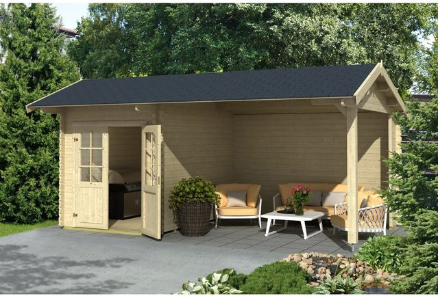 Lasita Gartenhaus Kenzo aus Fichtenholz in Braun mit Anbaudach und Satteldach, B/H/T: 580 x 273,6 x 389,3 cm - Bild 1