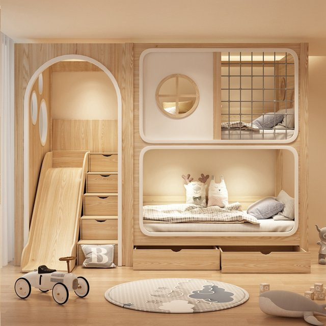 Massivholz Etagenbett für Kinder in Braun mit Treppe und Schubladen im skandinavischen Design, B/T/H: 120 x 190 cm - Bild 1