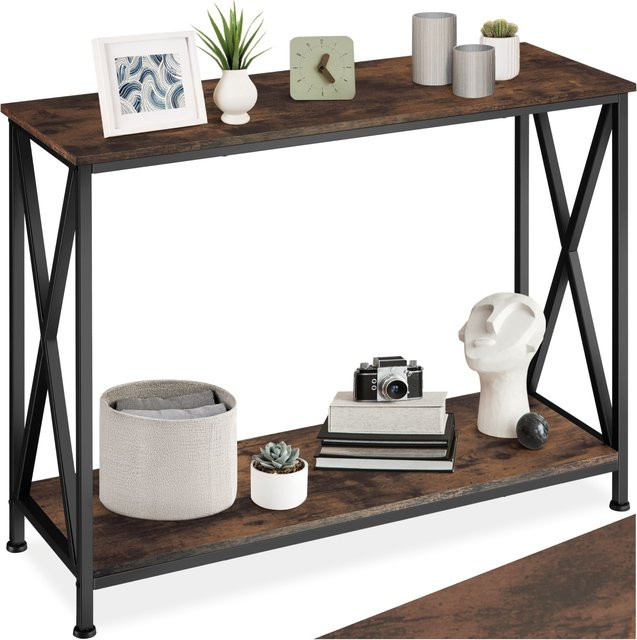 tectake Konsolentisch Industrial Style in Schwarz und Braun mit X-Streben und 2 Ablagen, B/T/H: 100 x 35 x 80,5 cm - Bild 1
